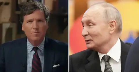Composite photo of Tucker Carlson and Vladimir Putin