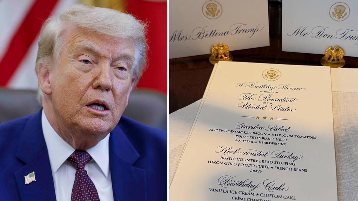 Split photo of Donald Trump and birthday menu.