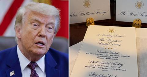 Split photo of Donald Trump and birthday menu.