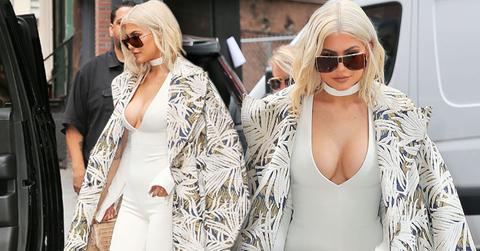 kylie jenner wearing skin tight body suit showing major cleavage