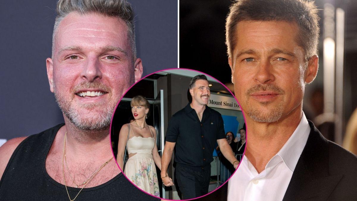 Split photo of Pat McAfee & Brad Pitt & Taylor Swift & Travis Kelce