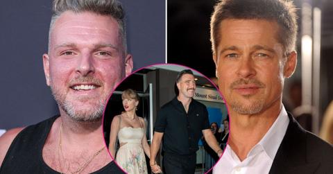 Split photo of Pat McAfee & Brad Pitt & Taylor Swift & Travis Kelce