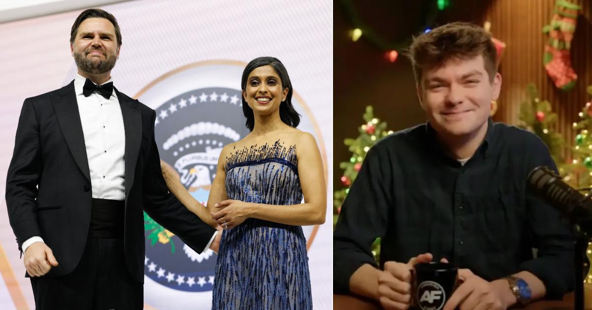 Split photo of J.D. Vance, Usha Vance and Nick Fuentes.