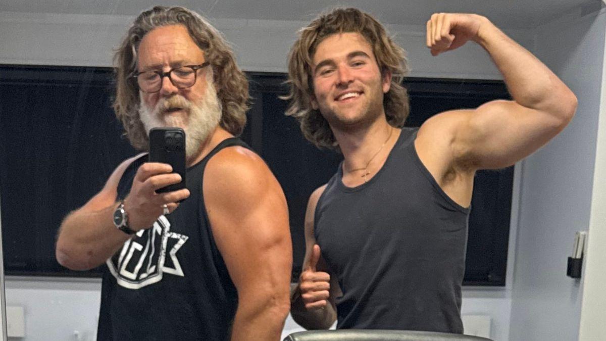 Image of Russell Crowe and son Tennyson pose for a mirror selfie shared on the actor's X account.