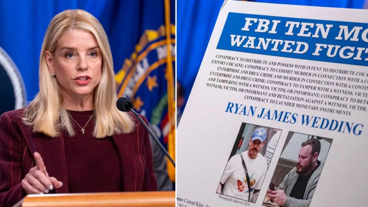 composite photo of pam bondi and an fbi most wanted pamphlet showing ryan wedding