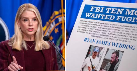 composite photo of pam bondi and an fbi most wanted pamphlet showing ryan wedding
