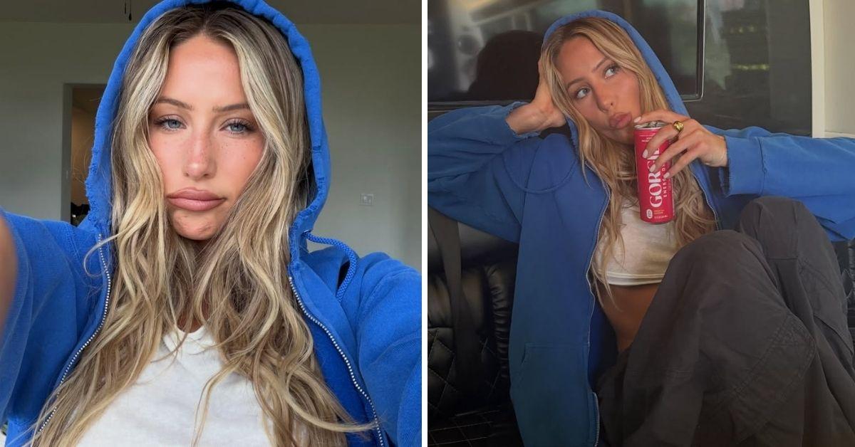 image of The model wore a blue hoodie and a tiny crop top.