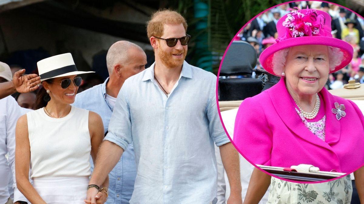 image and inset of meghan markle prince harry and queen Elizabeth 