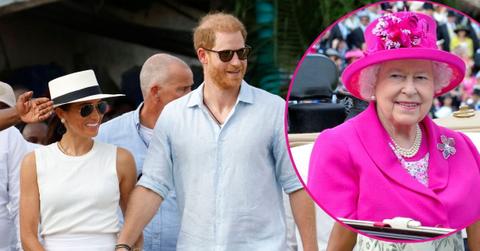 image and inset of meghan markle prince harry and queen Elizabeth