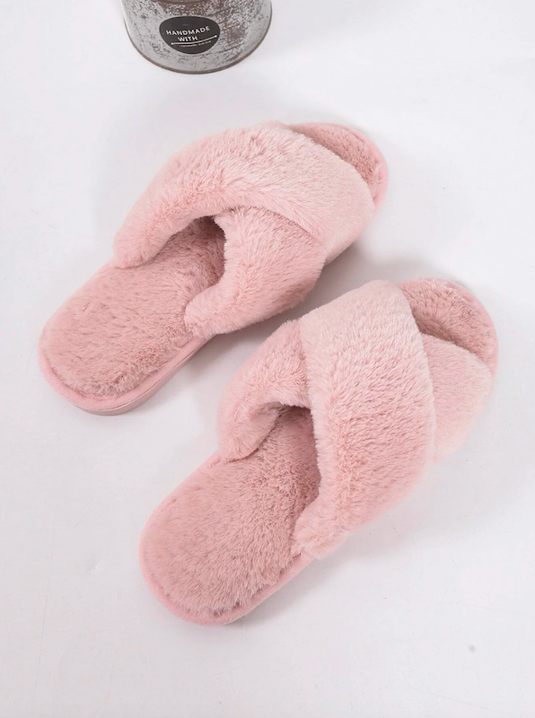 womens pink solid color bedroom slippers crossed fluffy home slippers