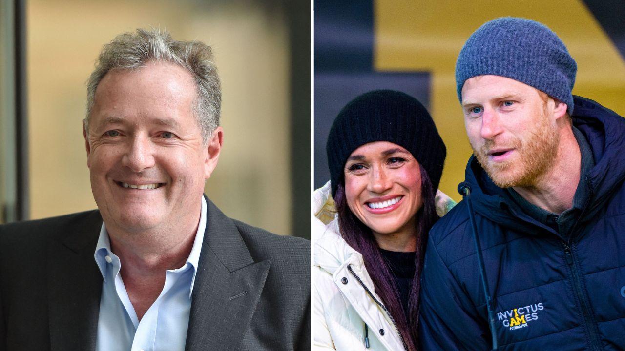 Split photo of Piers Morgan and Prince Harry and Meghan Markle