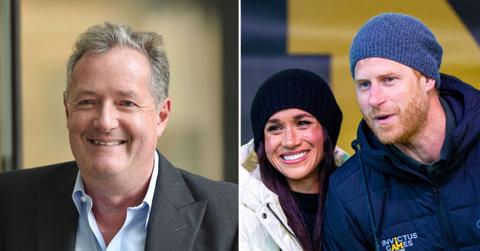 Split photo of Piers Morgan and Prince Harry and Meghan Markle