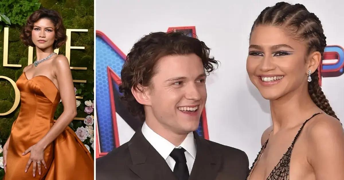 Photo of Zendaya at the 2025 Golden Globes and a picture of Tom Holland with Zendaya.