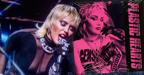 Miley Cyrus performing. Inset of 7th Album Plastic Heatrs