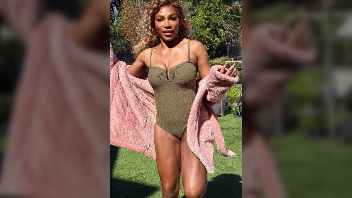Photo of Serena Williams showed off her curves in a olive green one-piece swimsuit. 