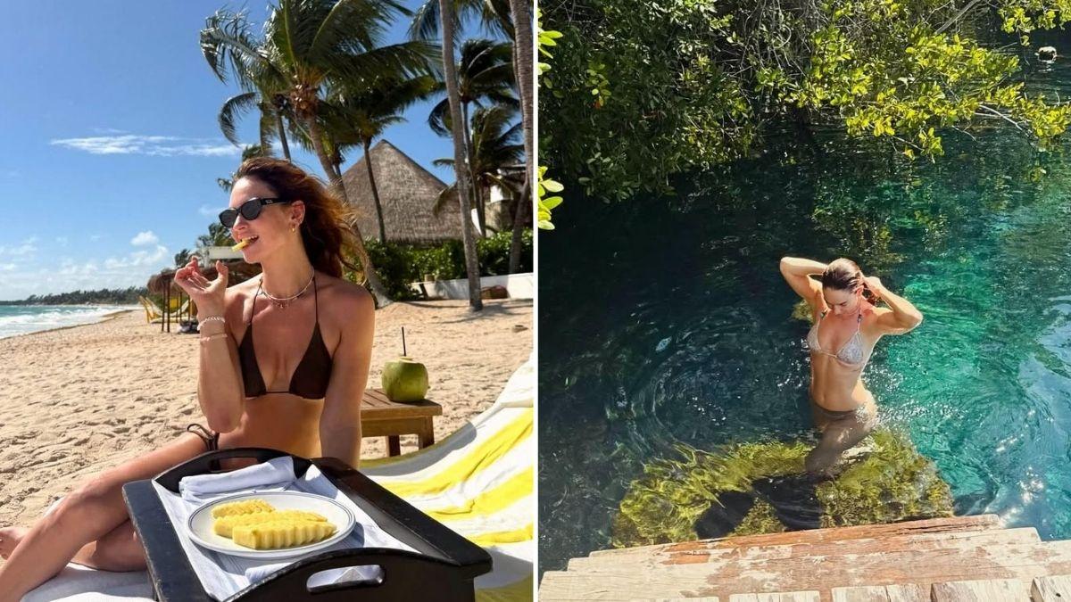 Image of She read a book in a strapless purple dress with white flowers.