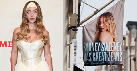 Photo of Sydney Sweeney and photo of Sweeney's American Eagle ad