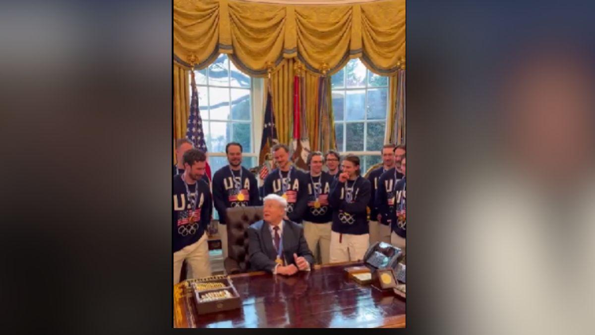 Image of President Donald Trump joked with the players that he wanted their gold medal.