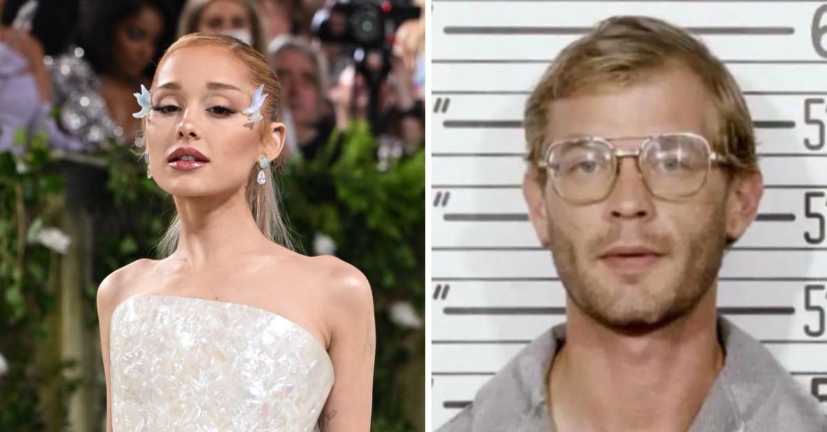 A photo of Ariana Grande and a mugshot of Jeffrey Dahmer.