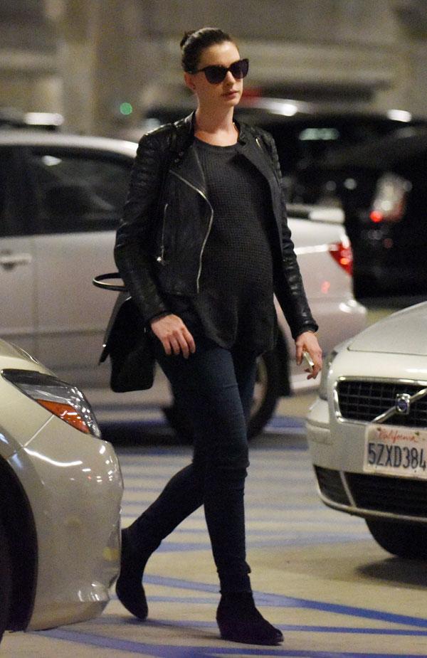 Anne Hathaway Pregnant Baby Bump Leather Jacket