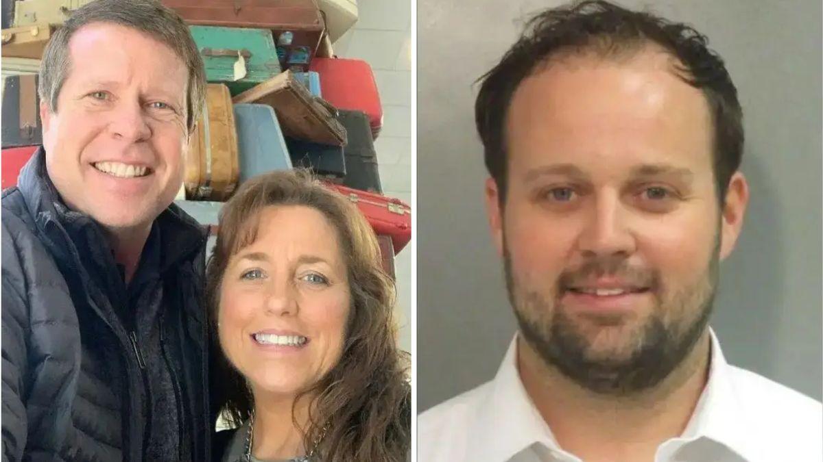 split photo of jim bob and michelle duggar and son josh duggar