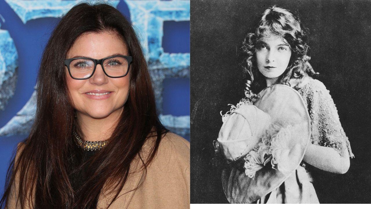 Split image of Tiffani Thiessen and Lillian Gish.