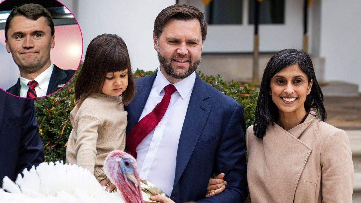 Composite photo of J.D. Vance, Usha Vance and Charlie Kirk.