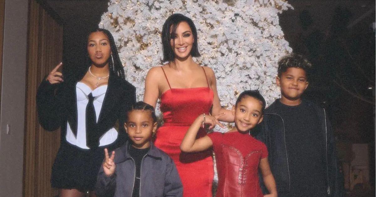 image of Kim Kardashian posed with her four kids at a party last year.