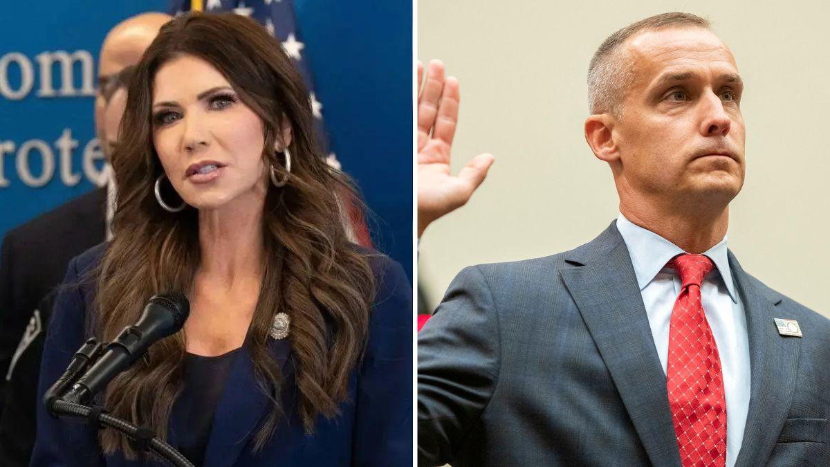 Split photo of Kristi Noem and Corey Lewandowski