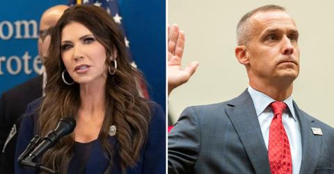 Split photo of Kristi Noem and Corey Lewandowski