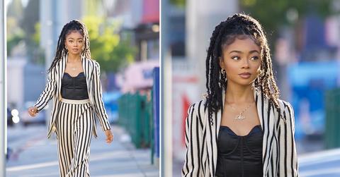 skai jackson steps out in striped pant suit