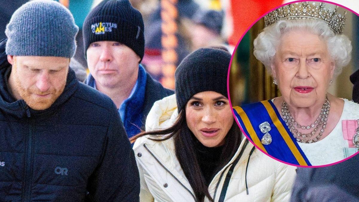 image of prince harry and meghan markle, inset of queen