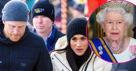 image of prince harry and meghan markle, inset of queen