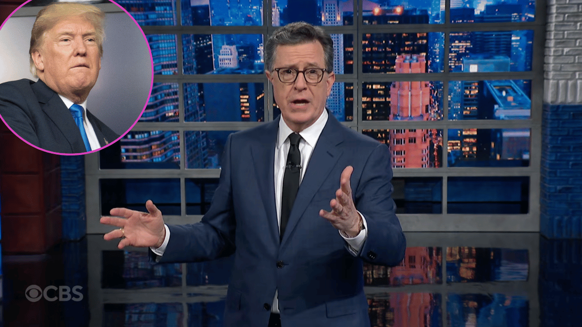 Photo of Stephen Colbert with inset of Donald Trump