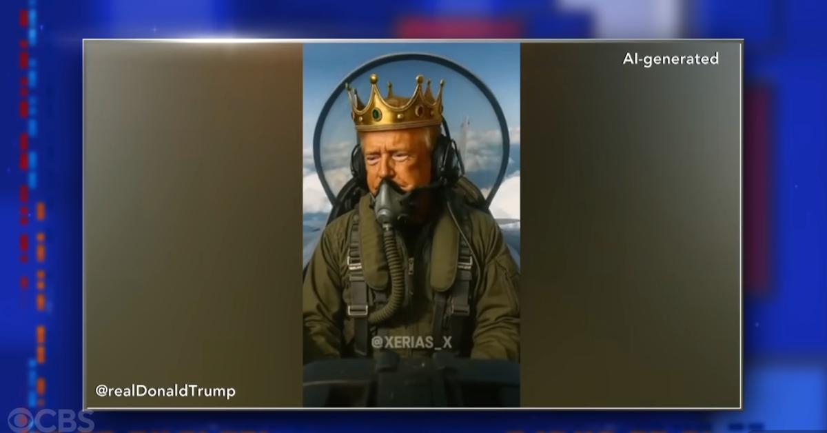 Image of the AI-generated video showed Donald Trump wearing a crown and flying a fighter jet.