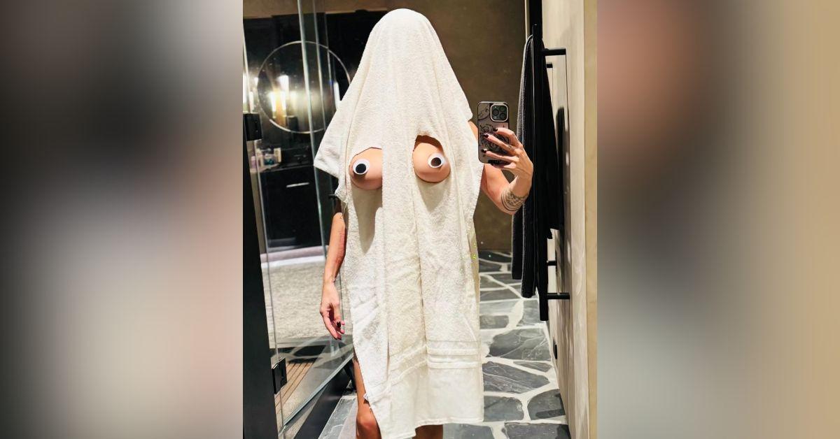 Image of Brittany Furlan exposed her chest in her Halloween costume.