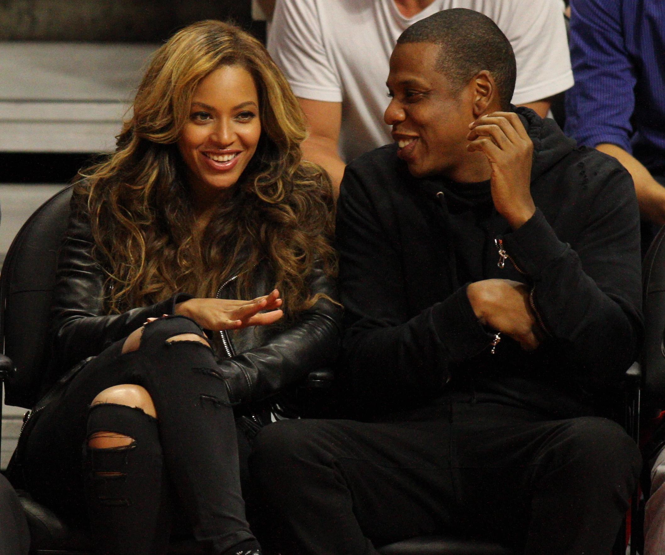 Beyonce and Jay Z are courtside at the Los Angeles Clippers Vs Brooklyn Nets Basketball game at the Staples Center in Los Angeles, CA