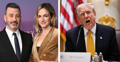 split photo of Molly McNearney, Jimmy Kimmel and Donald Trump