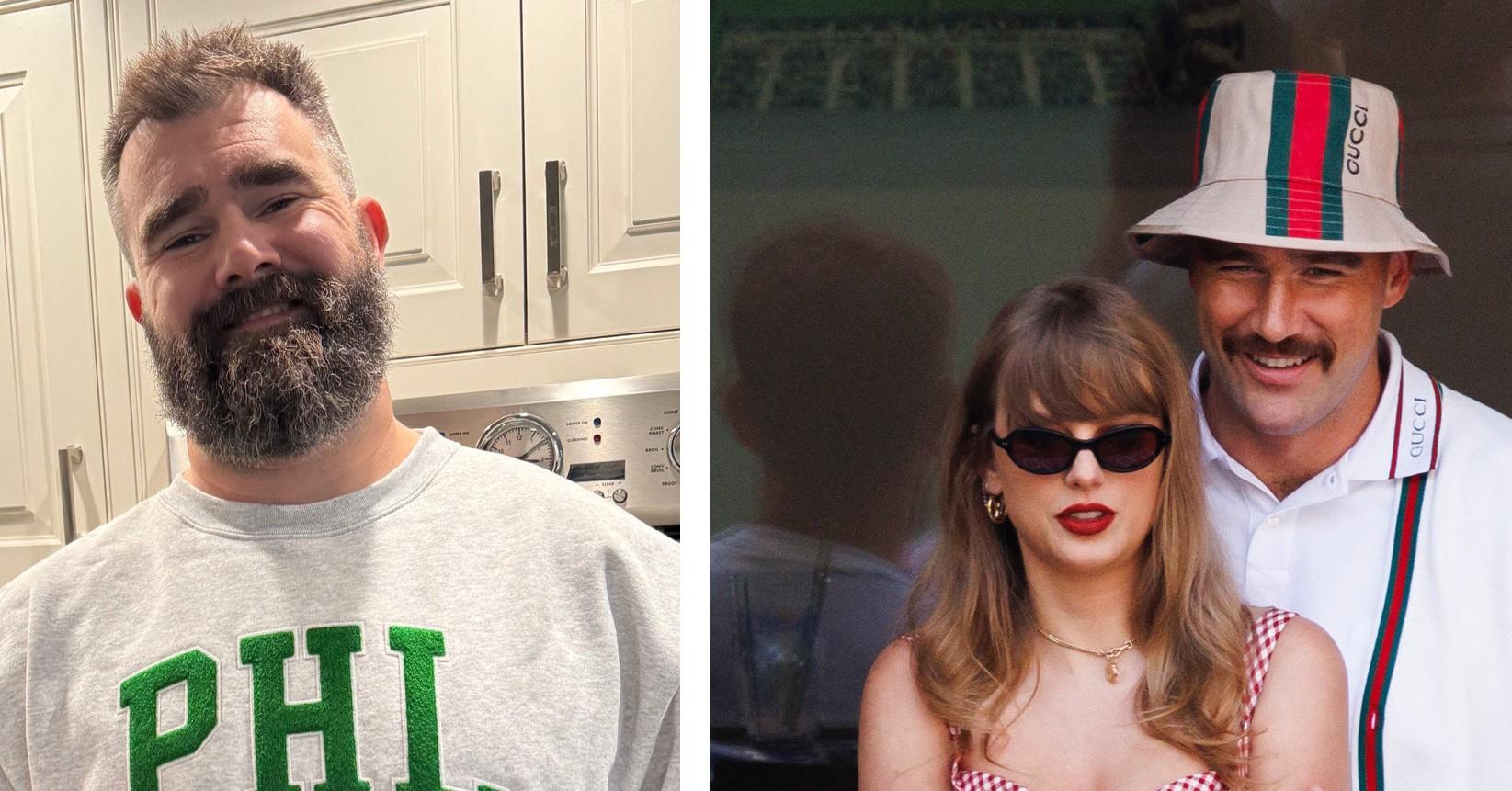 Composite photo of Jason Kelce, Travis Kelce and Taylor Swift. 