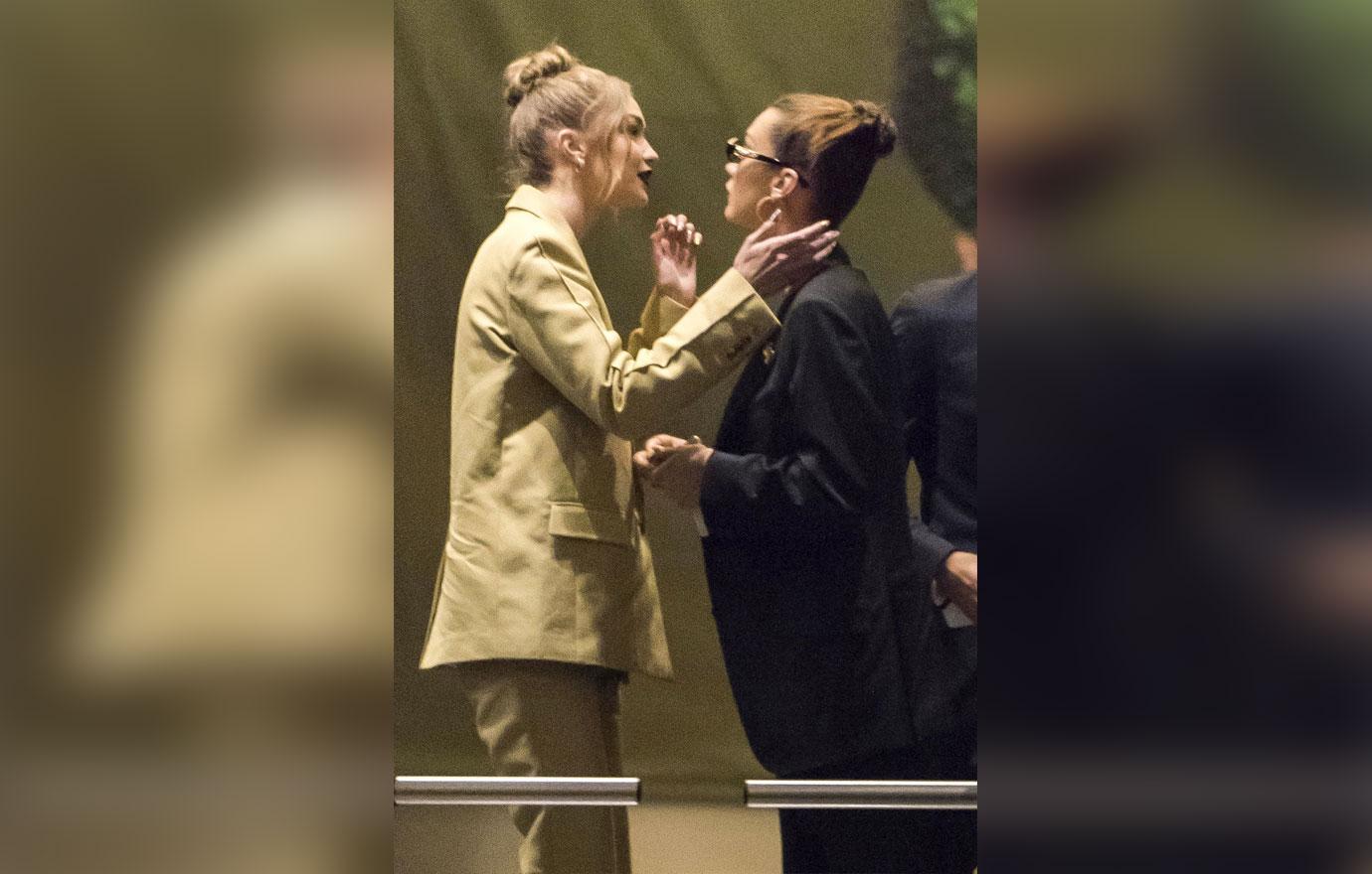 *EXCLUSIVE* Gigi and Bella Hadid have a close call with a kiss after the &#8216;Being Serena&#8217; premiere