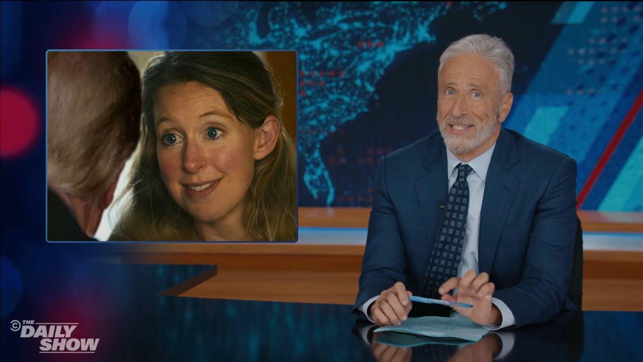 Image of Stewart then cut to a doctored version of the trailer for Nathan Fielder's Elizabeth Holmes documentary, 'You Can See Everything,' with Trump's face superimposed over Fielder's.