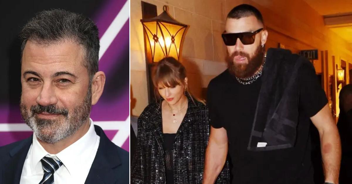 Photo of Jimmy Kimmel and an image of Taylor Swift withTravis Kelce.