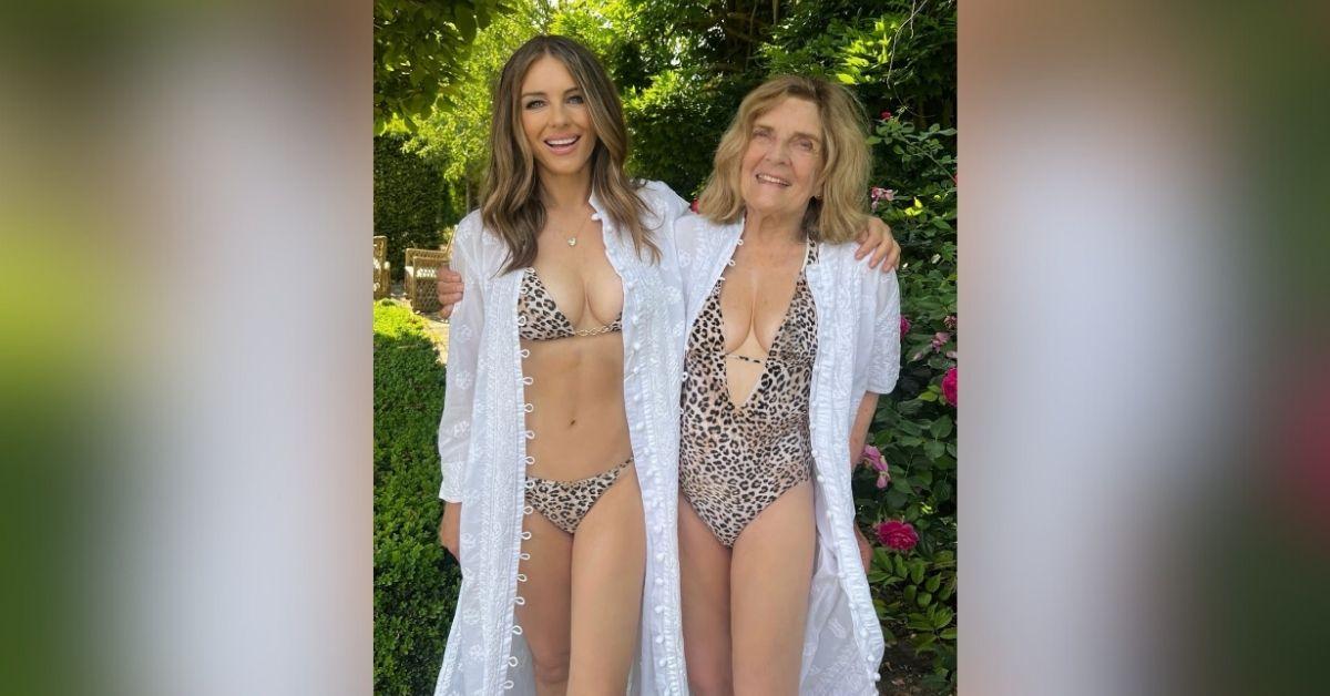 image of Elizabeth Hurley and her mom wore matching swimsuits for Angela Hurley’s 85th birthday.