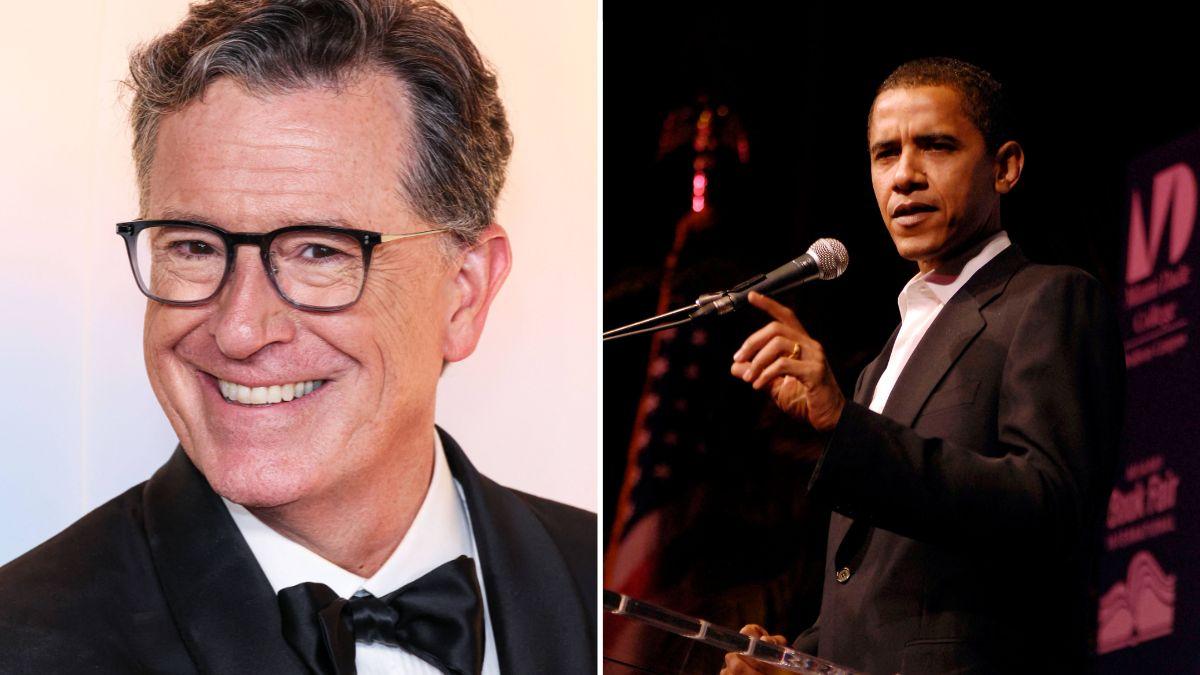 Image of David Letterman and Obama Foundation Chairman Marty Nesbitt joined Stephen Colbert in wearing tan suits.