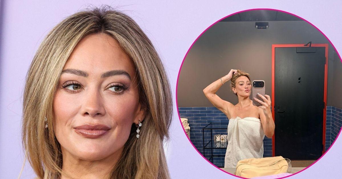 hilary duff poses in towel during tour
