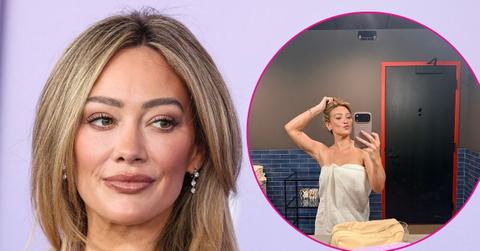 hilary duff poses in towel during tour