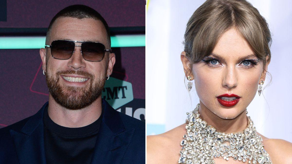 Split photo of Travis Kelce & Taylor Swift