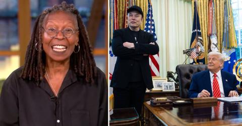 Photo of Whoopi Goldberg and a photo of Elon Musk with Donald Trump