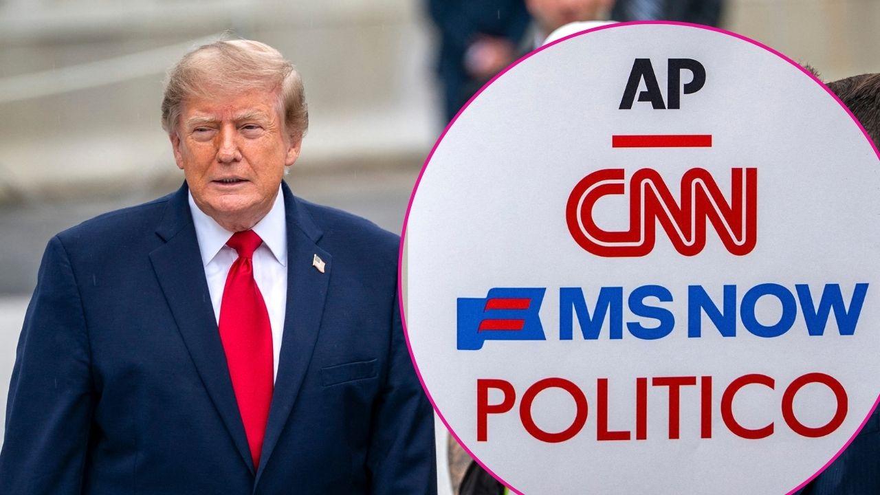 Composite photo of Donald Trump, poster of CNN, MS NOW and Politico.