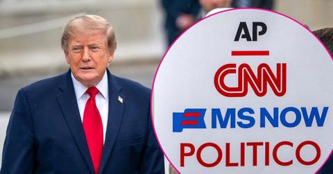 Composite photo of Donald Trump, poster of CNN, MS NOW and Politico.